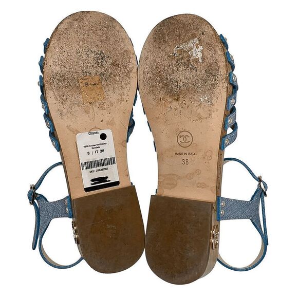 Chanel Fantasy Blue Calf Leather CC Logo Wooden Platform Sandals EU 38 US 7-7.5 - Picture 11 of 11